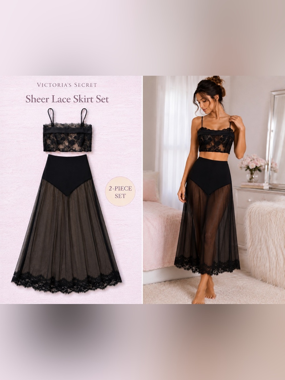 Victoria’s Secret Black Sheer Lace Skirt Set 2PC Lingerie S NWT